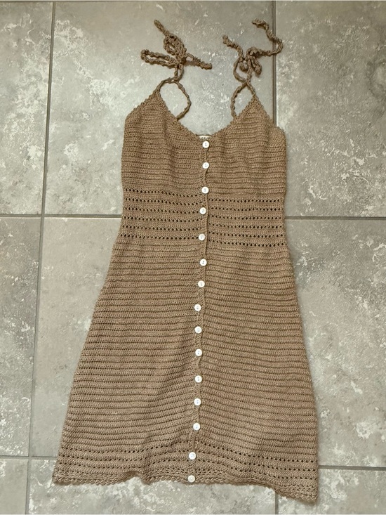 Vici Dresses & Skirts - Vici Tan Crochet Button-Front Mini Dress